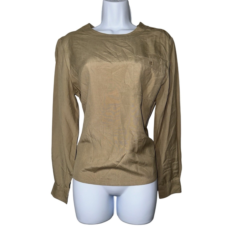 Vintage Pierre Cardin 100% Silk Blouse Top Size 9/10 Beige Tan Button Shoulder